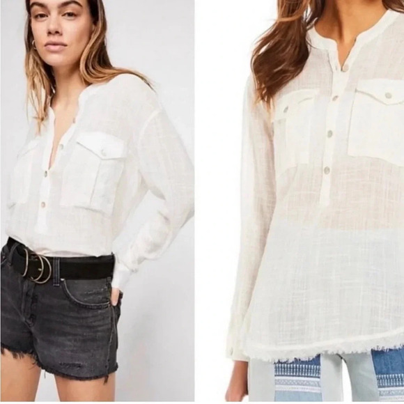Free People talk to me light weight linen frayed long sleeve Henley - Picture 1 of 6